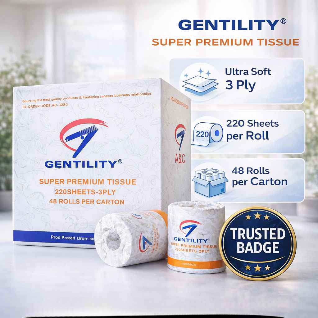Gentility Super Premium 3 Ply Toilet Paper - 220 Sheets || 48 Rolls Per Carton